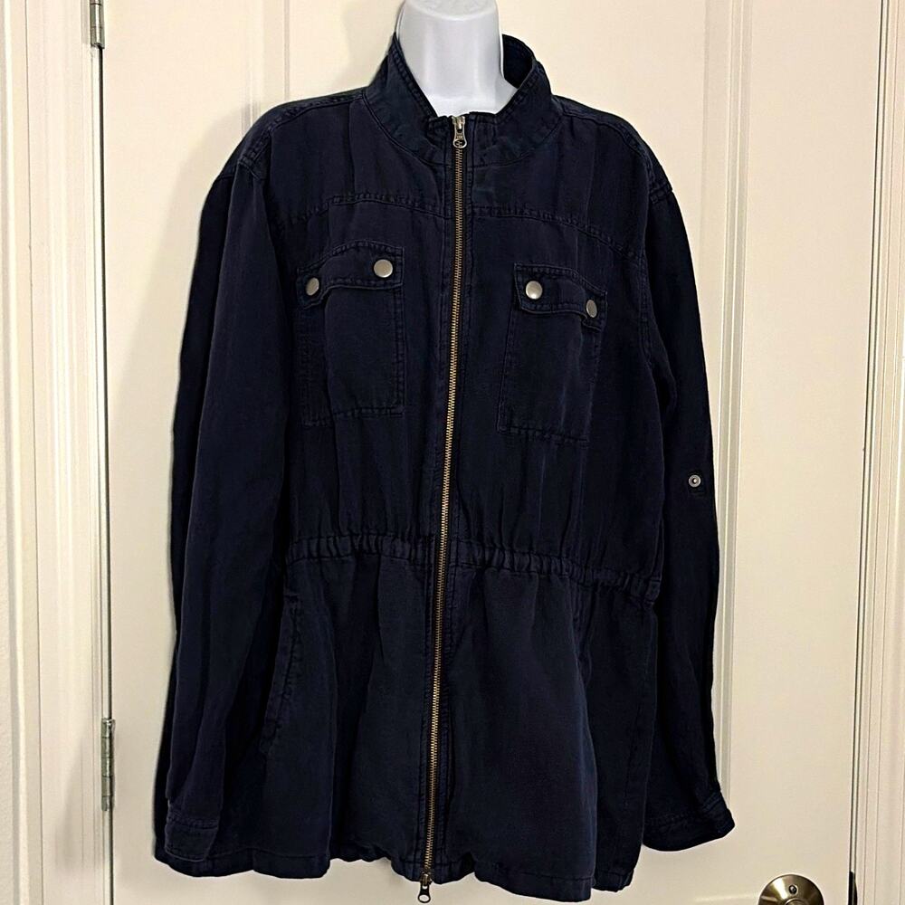 Treasure & Bond Women's Navy Zip Front linen blend Jacket Pockets Size L